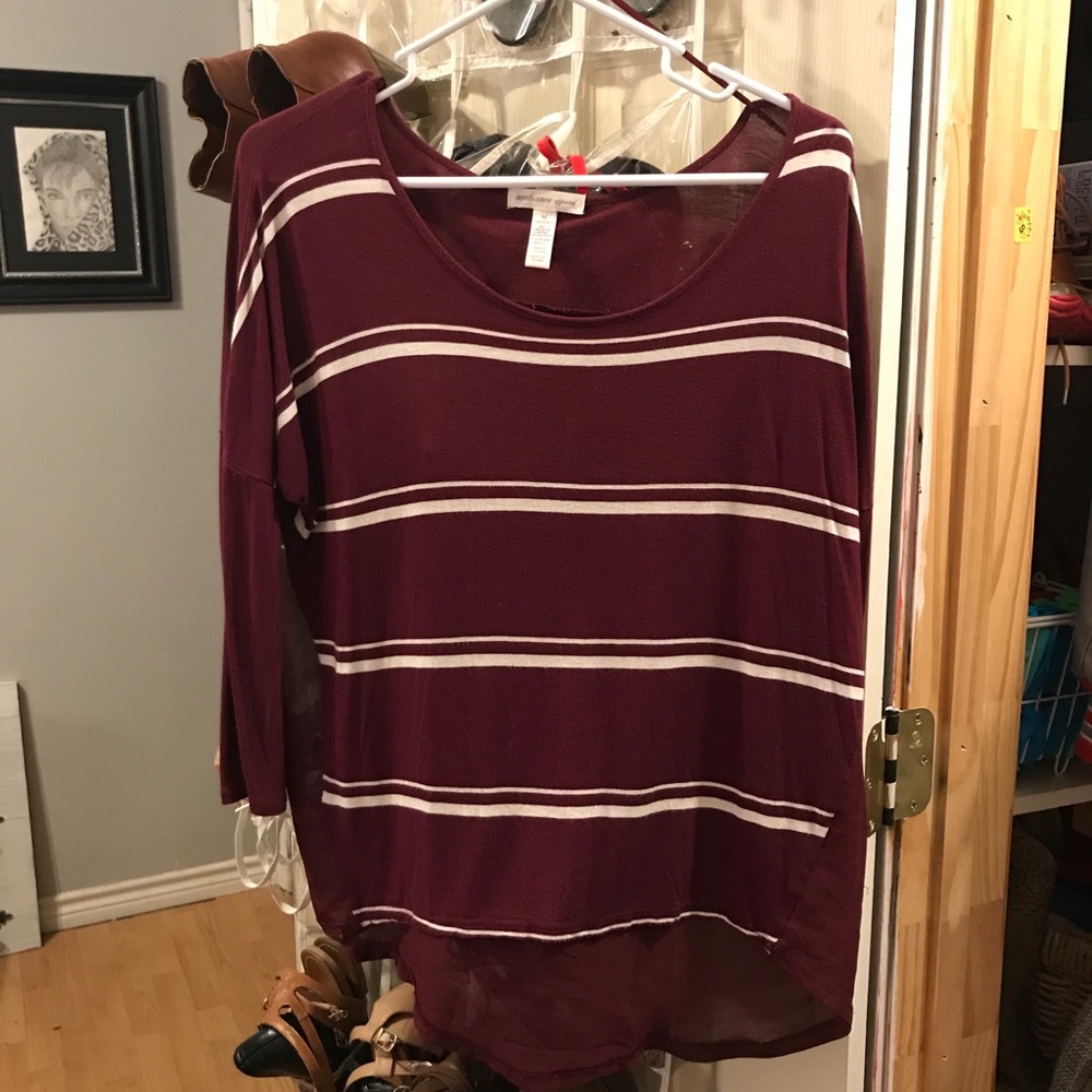 High low, maroon sheer backed striped shirt